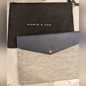 Monte & Coe 13" X 9" Navy Blue Leather and Grey Wool Laptop Sleeve Luxury